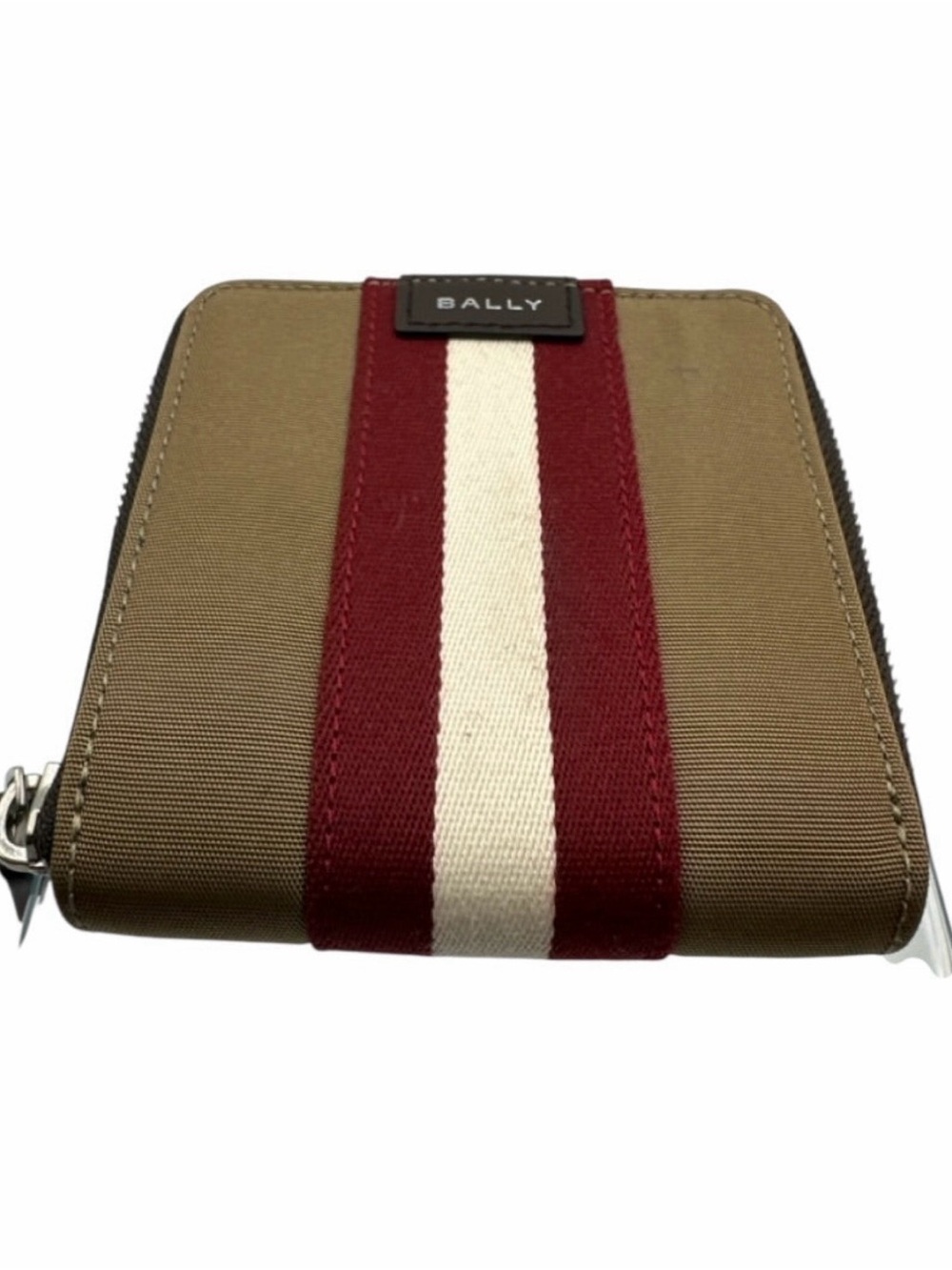 Bally Khaki Zip Wallet with Red and White Center Stripe